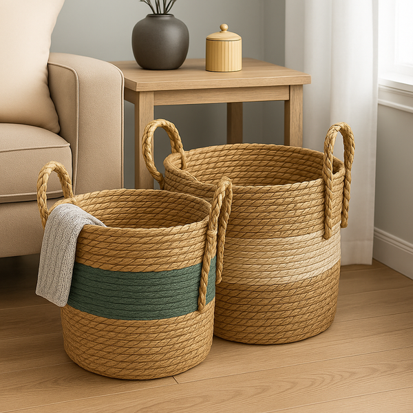 Natural Green Seagrass & Cotton Storage Basket
