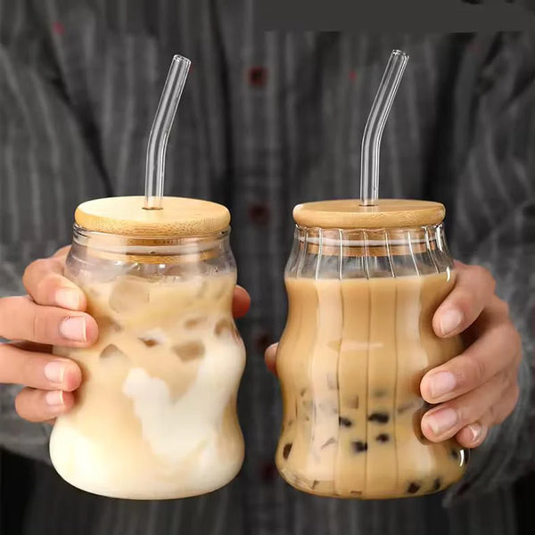 Wavy Glass Tumbler with Bamboo Lid (450ml)