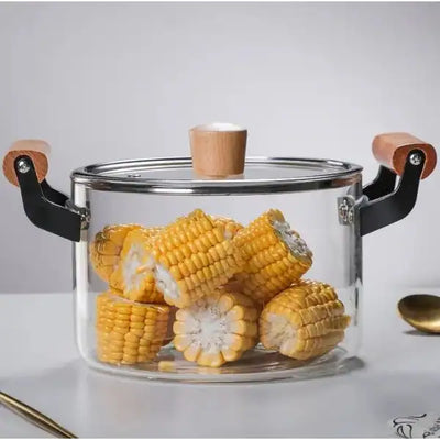 Transparent Glass Stew Pot with Wooden Handles