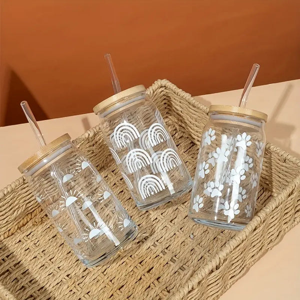 White Print Glass Tumblers with Bamboo Lid