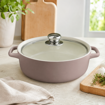 Stone Beige Ceramic Casserole Pot with Glass Lid