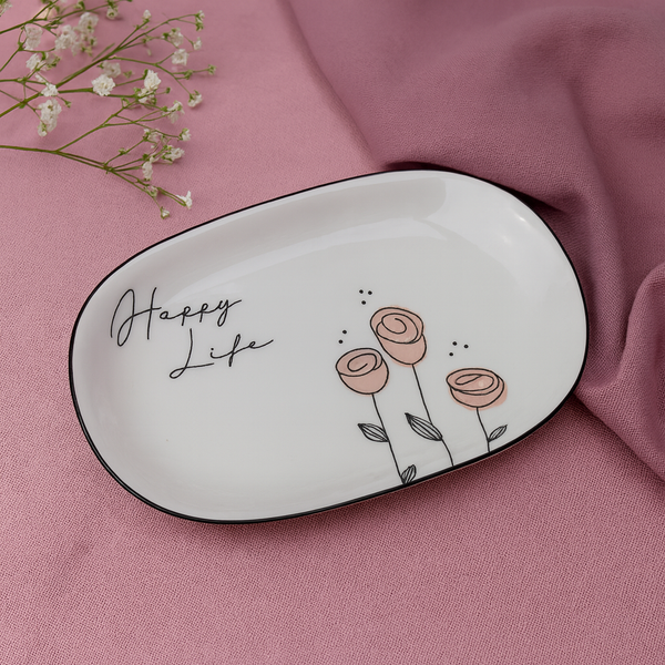 "Happy Life" Oval Ceramic Serving Platter