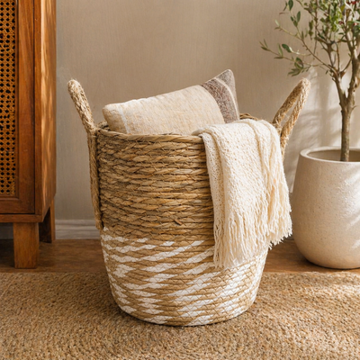 Handwoven Two-Tone Round Storage Basket with Handles