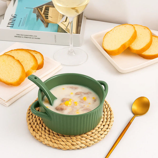 Ribbed Ceramic Serving Bowls with Handles (8inch)