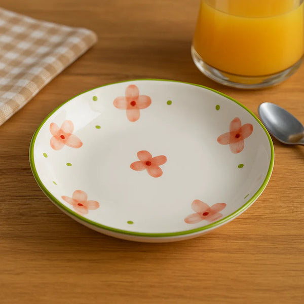 Pink Flowers with Green Rim Plate (8 inch)
