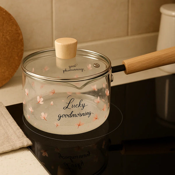 Transparent Daisy Print Glass Saucepan with Wooden Handle and Lid (1.8L)