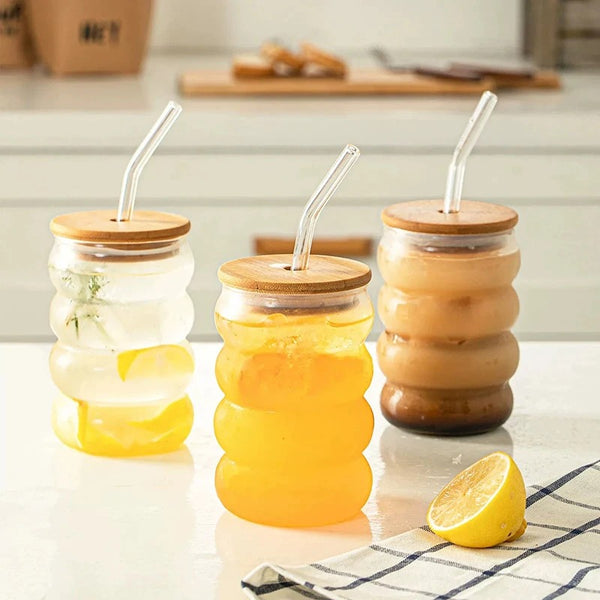 Bubbles Glass Tumbler with Bamboo Lid (350ml)