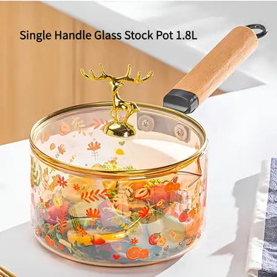 Transparent  Print Glass Saucepan with Wooden Handle and Lid (1.8L)