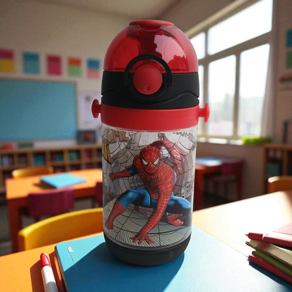 SpiderMan Action Kids Plastic Water Bottle with Pop-Up Lid (450ml)