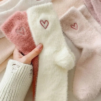Fuzzy Woolen Socks with Heart Embroidery