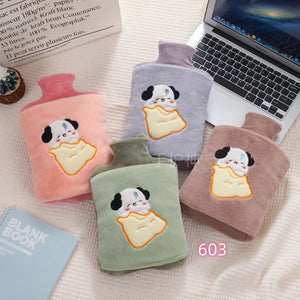 2000ml plush hot water bag with embroidered sleepy dog and toast design