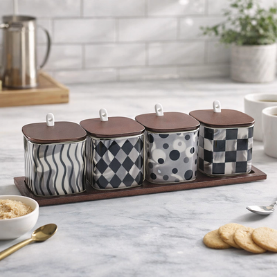 Black & White Pattern Seasoning Jars with Ceramic Spoons (4pcs)